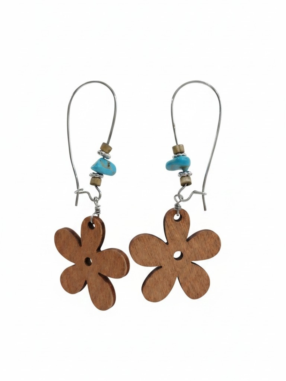 New Boho Wooden Flower Dangle Earrings with Turquoise Beads - Women Jewelry